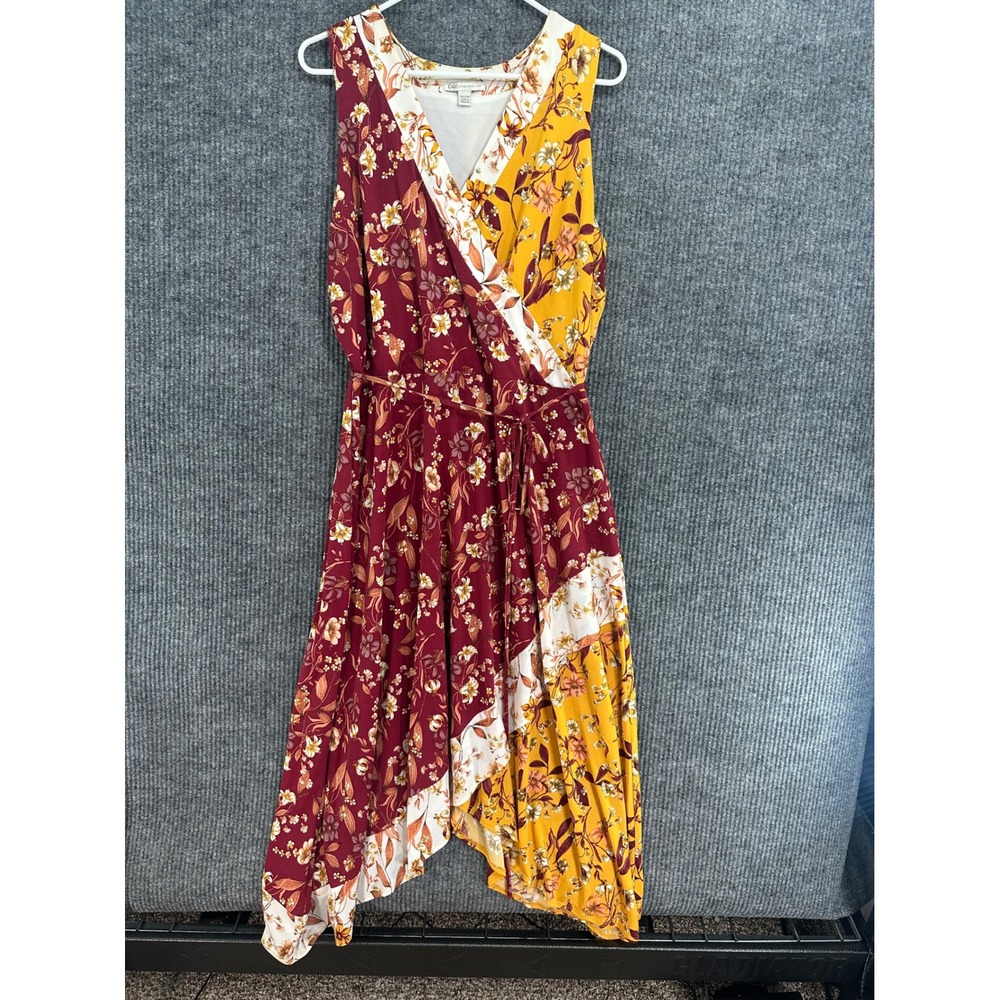 Cato Faux Wrap Dress Women 14/16W Burgundy Yellow Floral Handkerchief